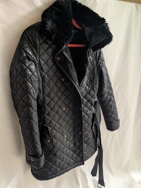 Lauren Ralph Lauren Women's S Black Quilted Faux Fur Collar Belted Jacket Coat